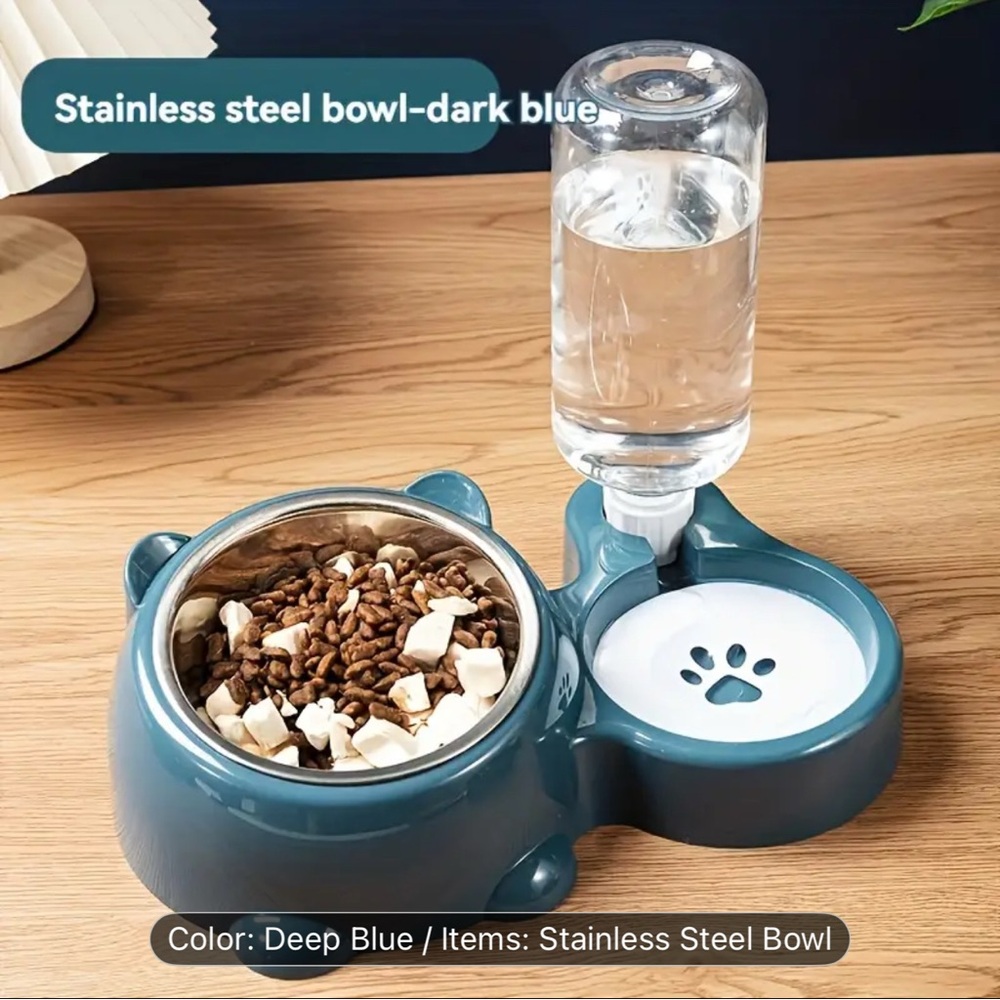 Dark Blue Pet Feeding Station with Water Dispenser
